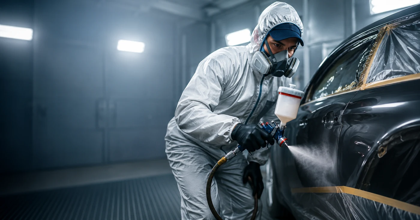 Pintor automotriz trabajando con equipo de protección